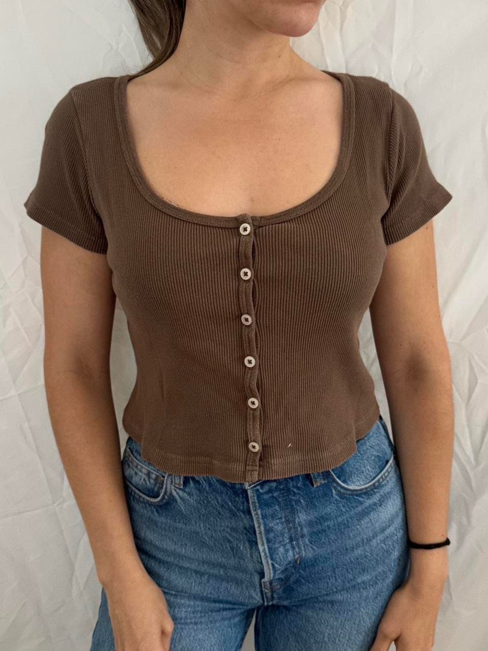Brandy Melville Brown Ribbed Button-Front Scoop Neck Top